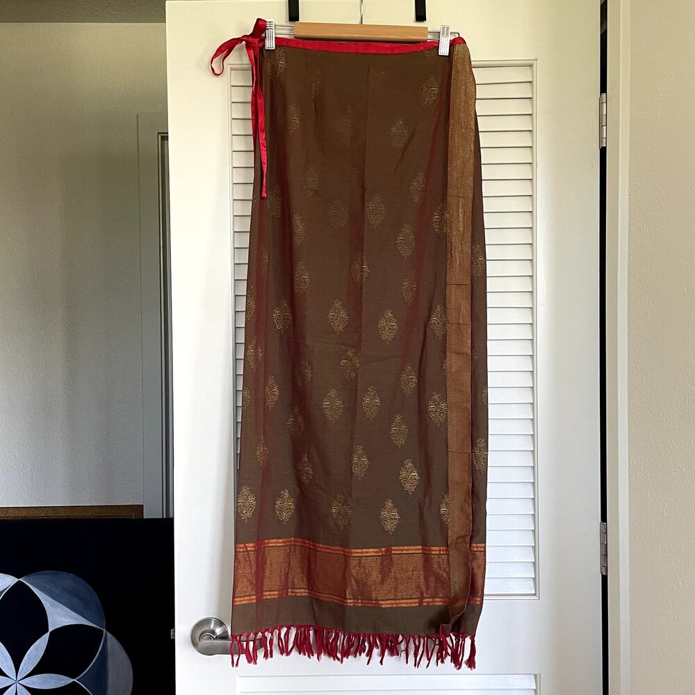 NWT Free People Earthy Gold Metallic Paisley Fringe Hem Cotton Wrap Skirt Medium - Picture 3 of 9